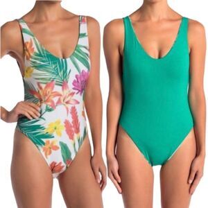 BECCA One Piece Swimsuit Small Emerald Tropical Reversible Plunge High leg